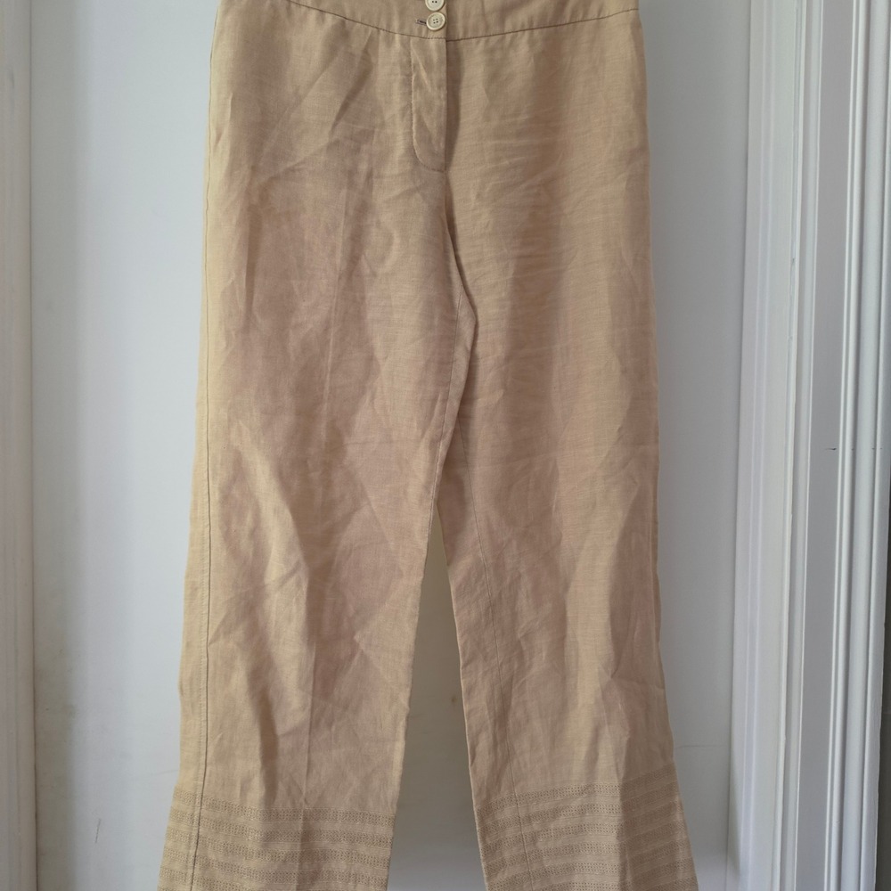 Loro Piana Womens Tan 100% Linen Embroidered Hem Trousers Made in Italy Size 40